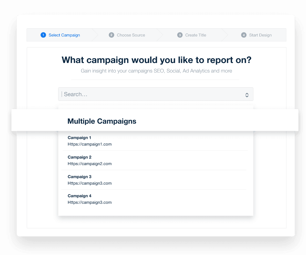 An example of cross campaign reporting tools available to build automated marketing reports for clients.