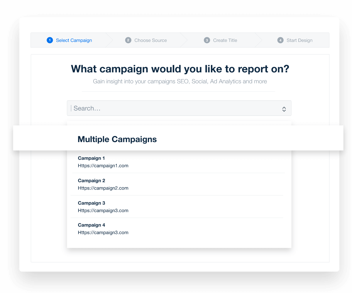 An example of cross campaign reporting tools available to build automated marketing reports for clients.