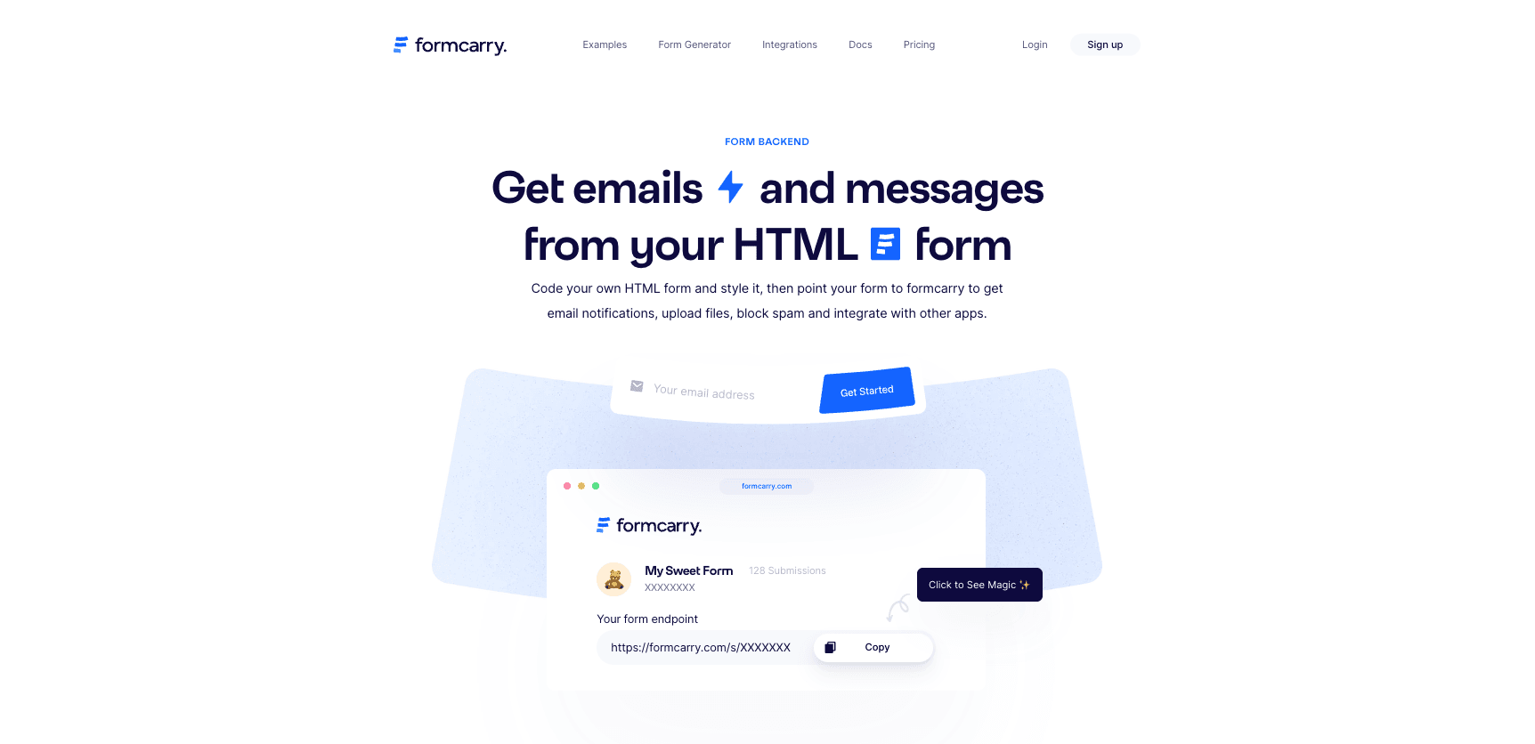 The homepage of the Formcarry form submission website The homepage of the Formcarry form submission website