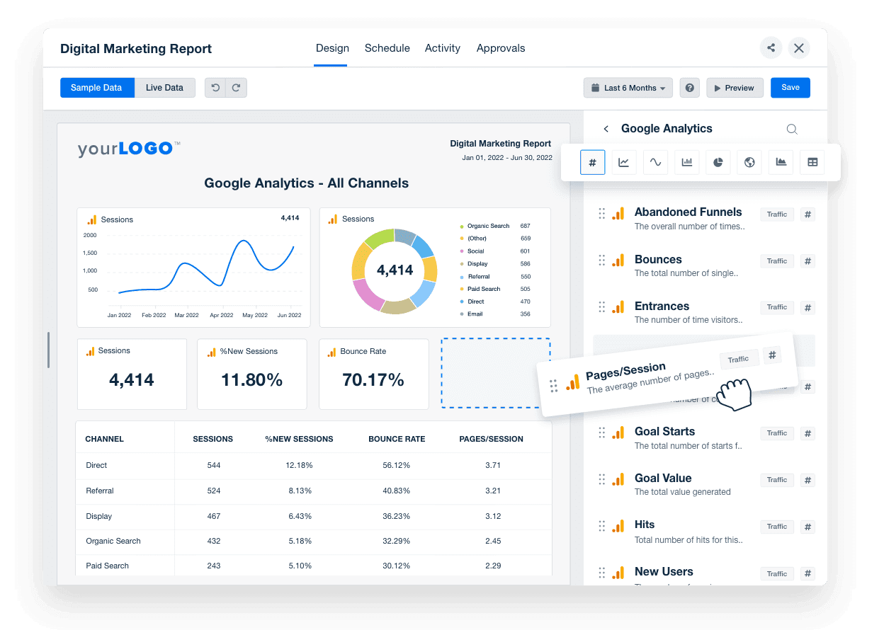 Ein beispiel für den drag-and-drop-editor für client-marketingberichte in aktion