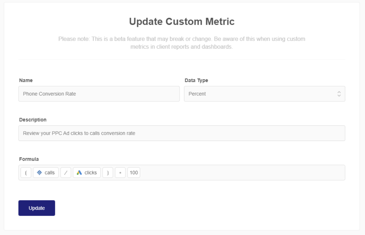 custom metric formula calculating phone conversion rate