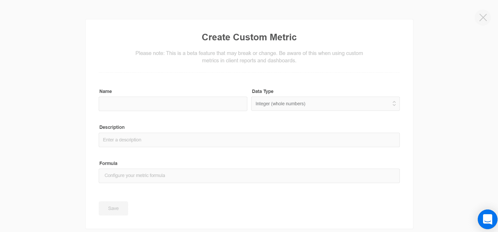 Custom Metrics setup screen