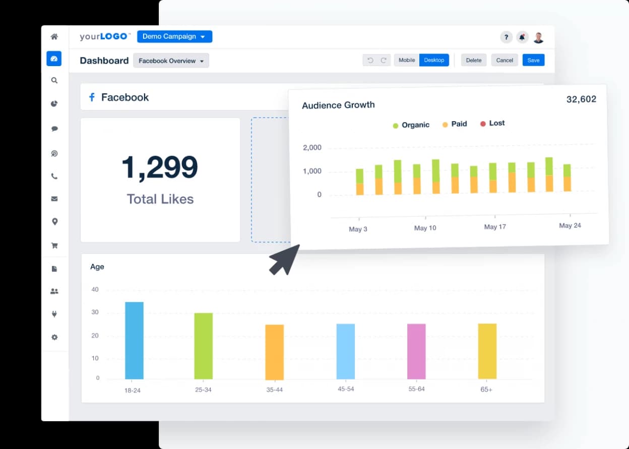 Exemplo de dashboard de marketing personalizado no AgencyAnalytics com recurso de relatório via arrastar e soltar