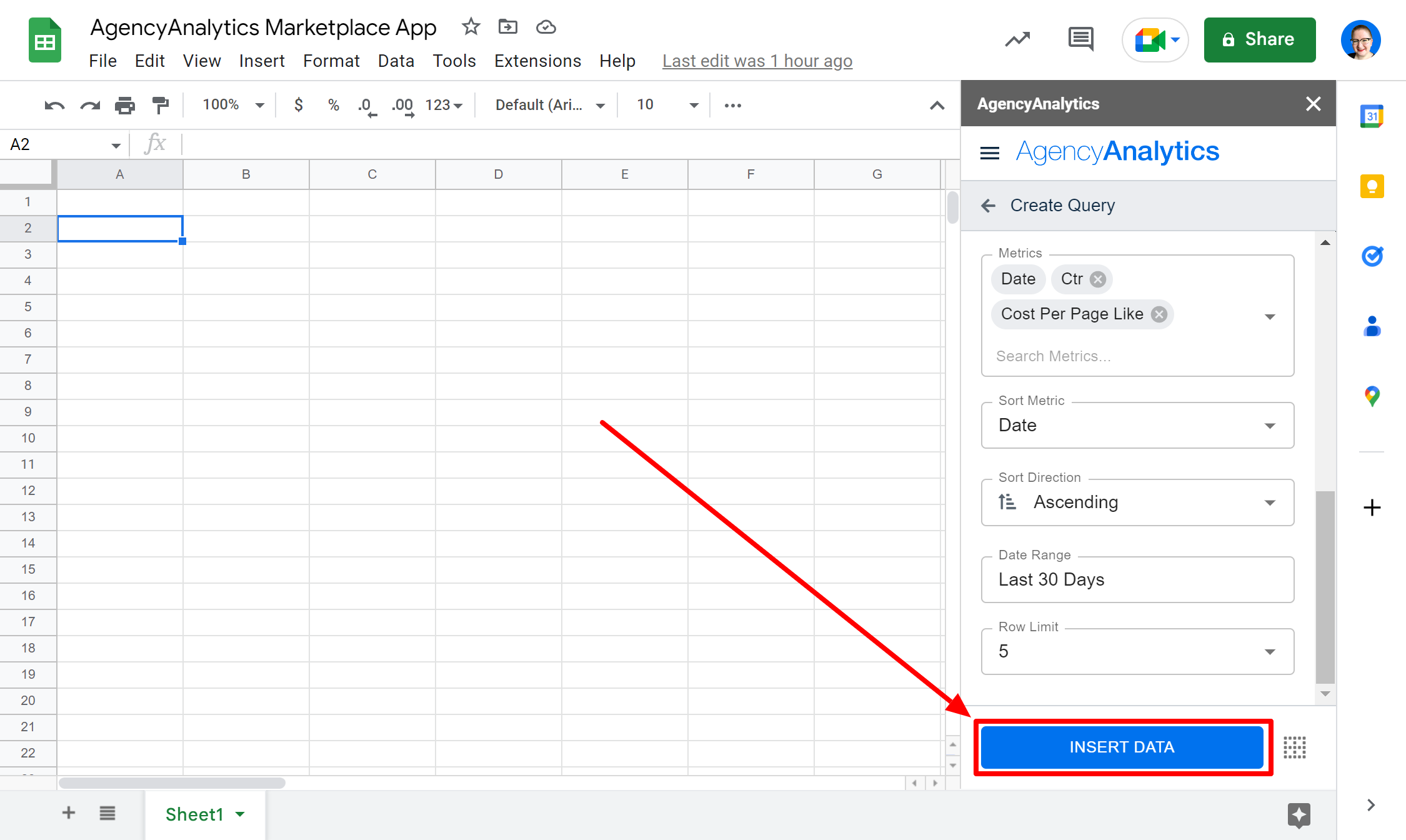 An image showing how to insert query data in AgencyAnalytics for Google Sheets