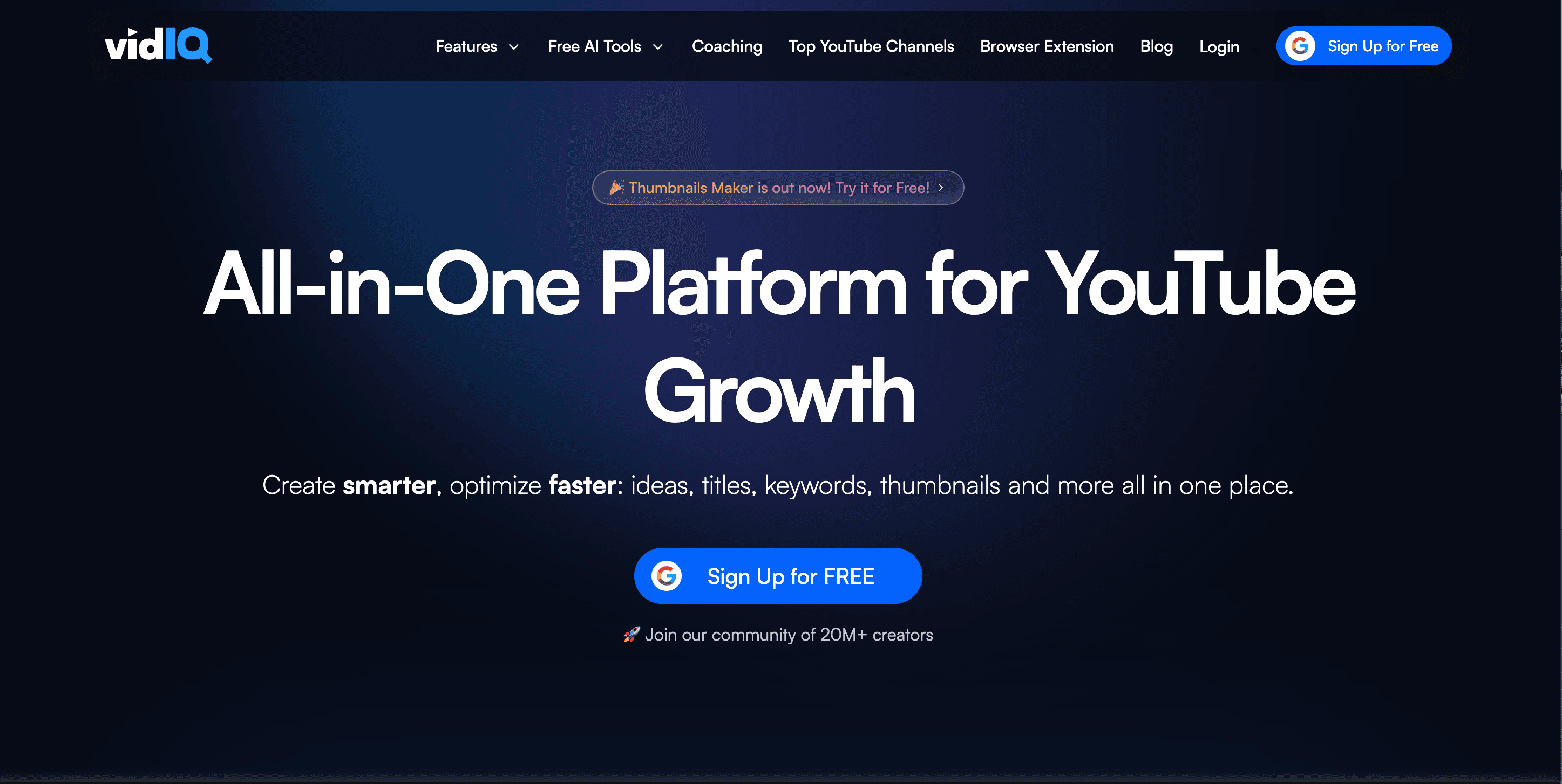 A screenshot of the VidIQ homepage. A screenshot of the VidIQ homepage.