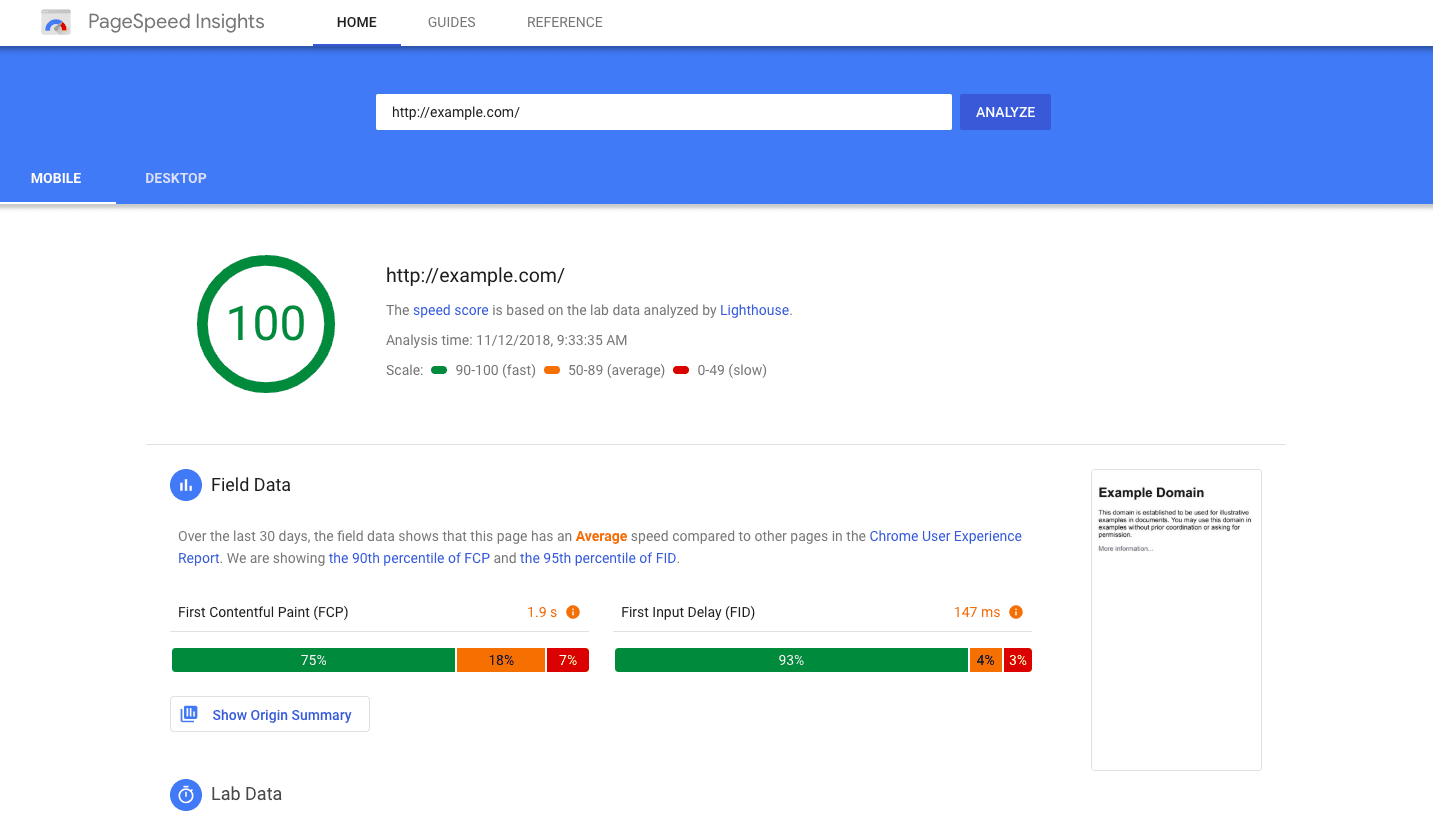 Google page speed insights report