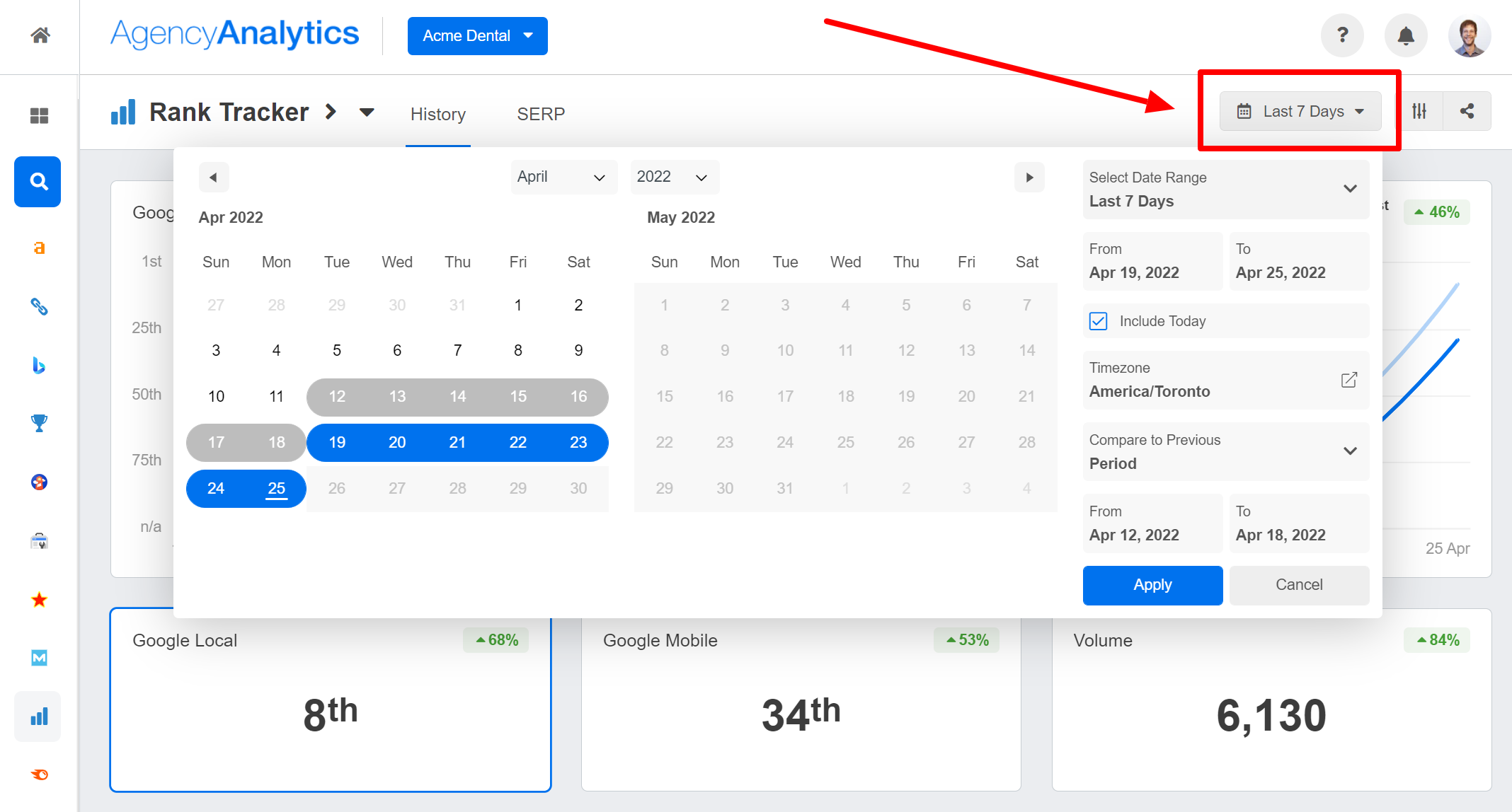 Clicking on the time period selector to view the keyword history for that keyword for a particular period of time Clicking on the time period selector to view the keyword history for that keyword for a particular period of time