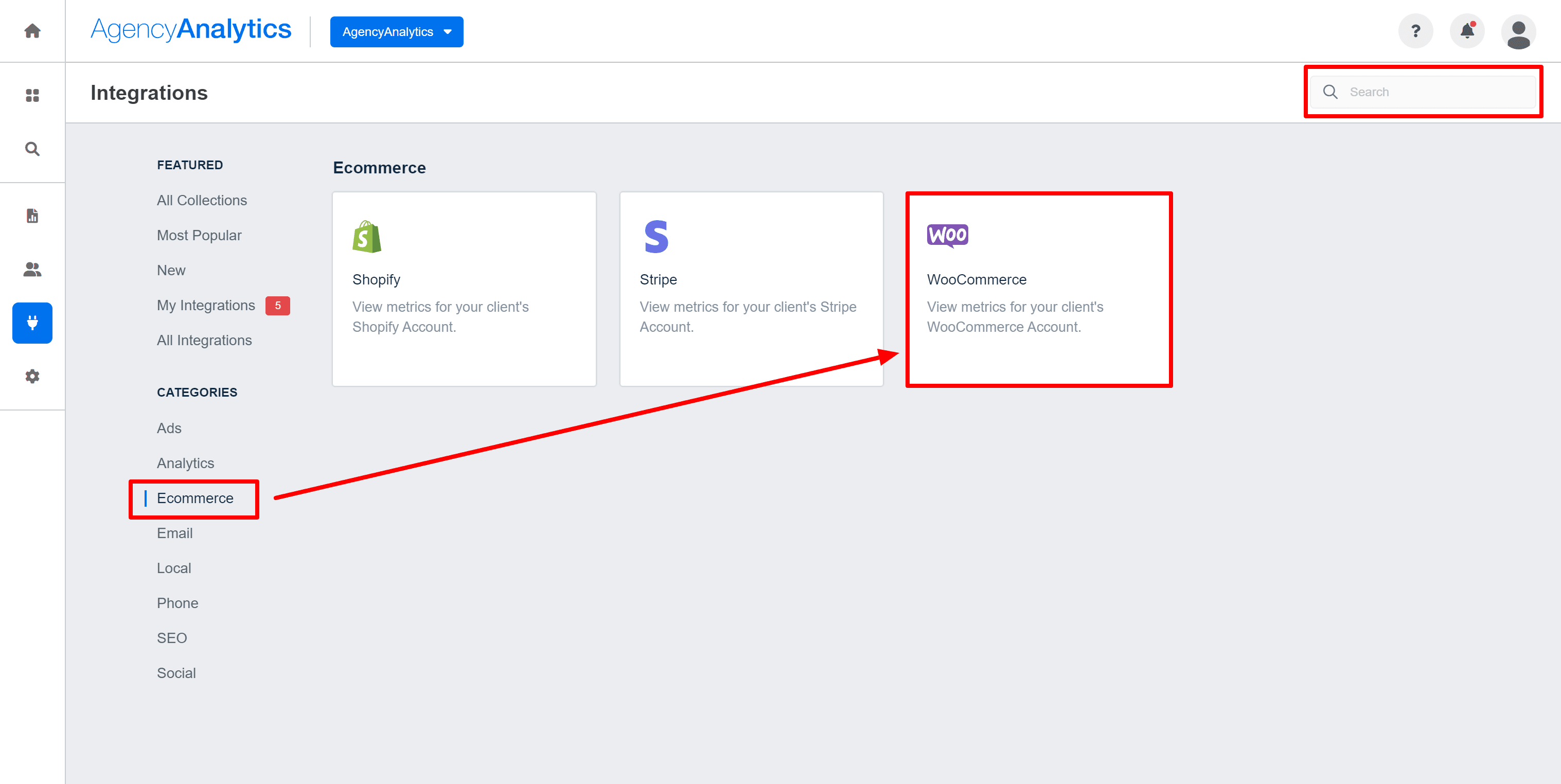 Example of finding and connecting Woocommerce integration.
Example of finding and connecting Woocommerce integration.