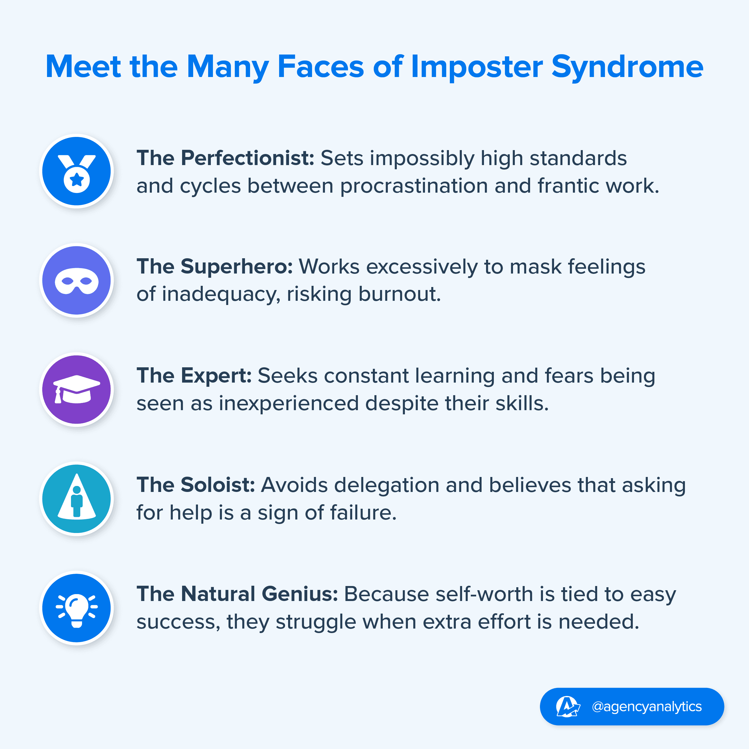 Graphic for the 5 different types of imposter syndrome. Graphic for the 5 different types of imposter syndrome.