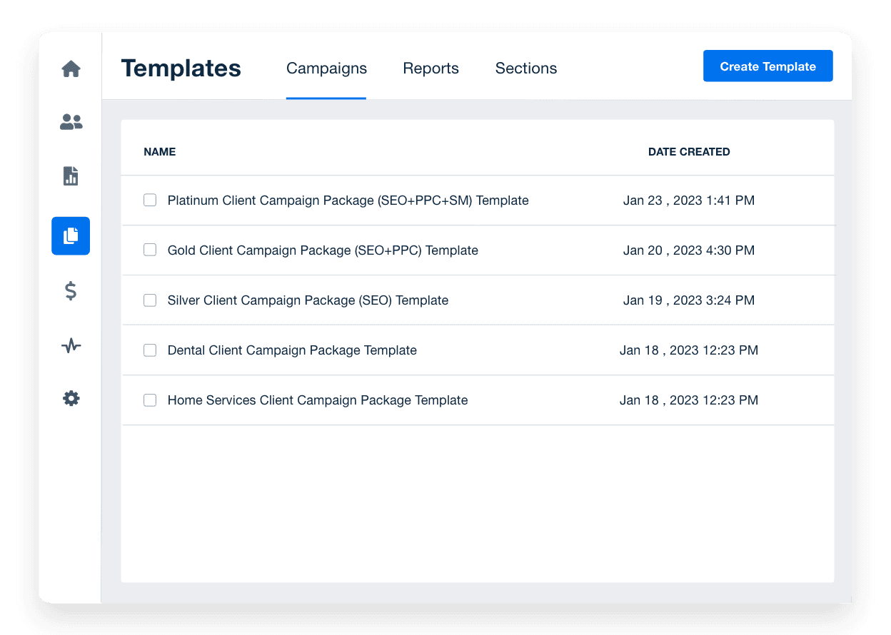 An example of the campaign, dashboard, and report templates available for client reporting 