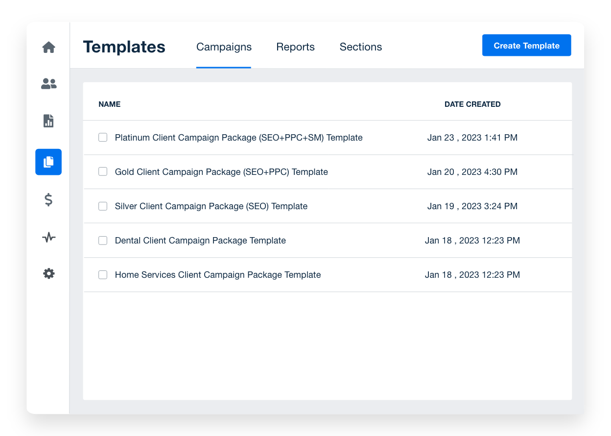 An example of the campaign, dashboard, and report templates available for client reporting 