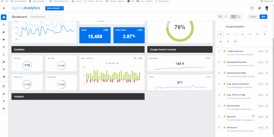 Screenshot of the drag and drop widget tools in AgencyAnalytics