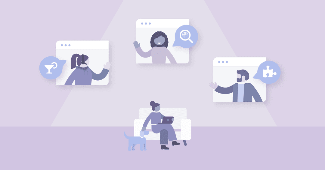 An image showing different people in several browser windows with different characters in a virtual meeting suggesting ideas for team building activities An image showing different people in several browser windows with different characters in a virtual meeting suggesting ideas for team building activities