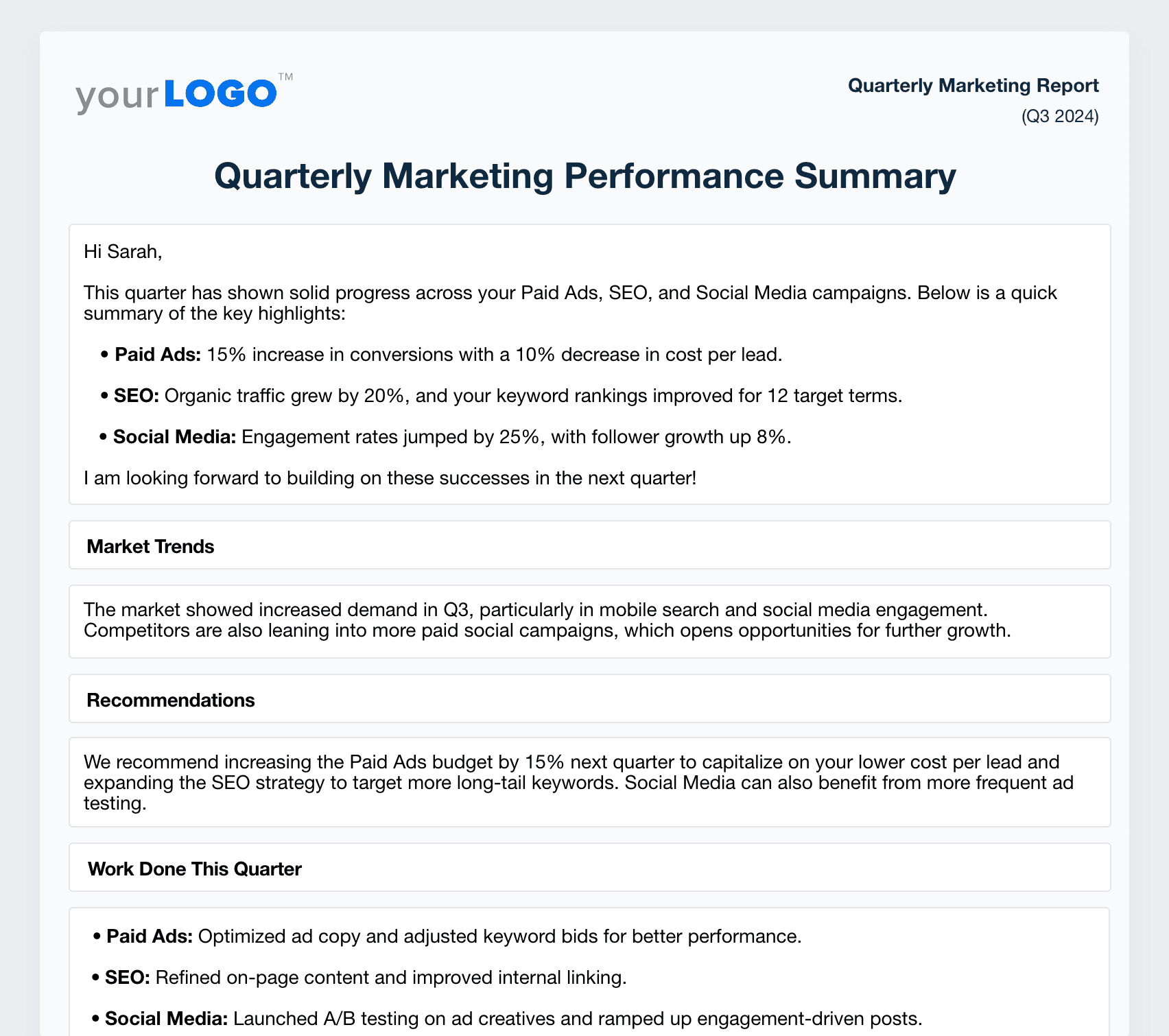 Quarterly Marketing Report Summary Example Quarterly Marketing Report Summary Example