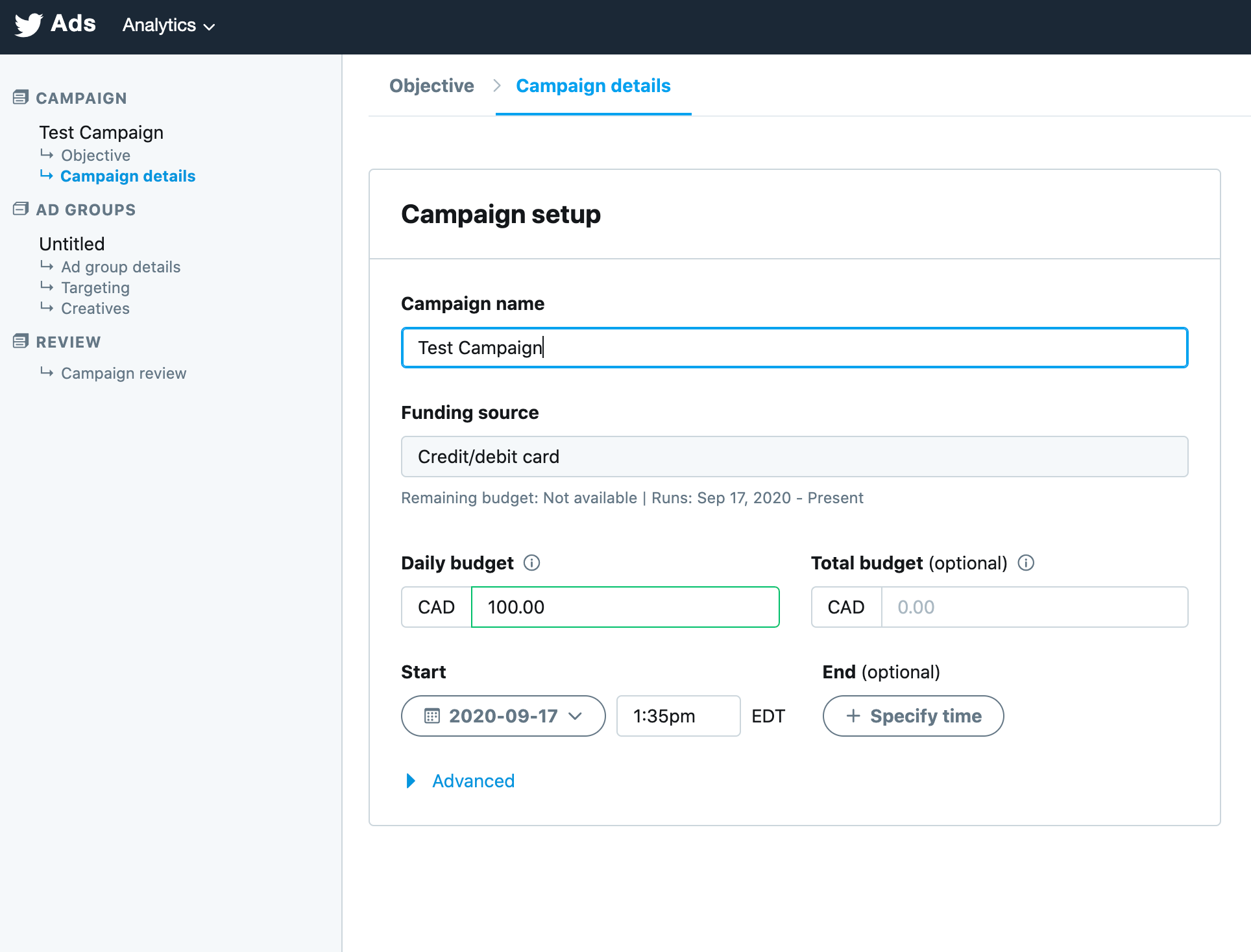 Twitter Ads Campaign Setup Screenshot