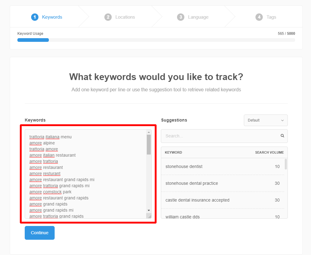 Adding target keywords to AgencyAnalytics