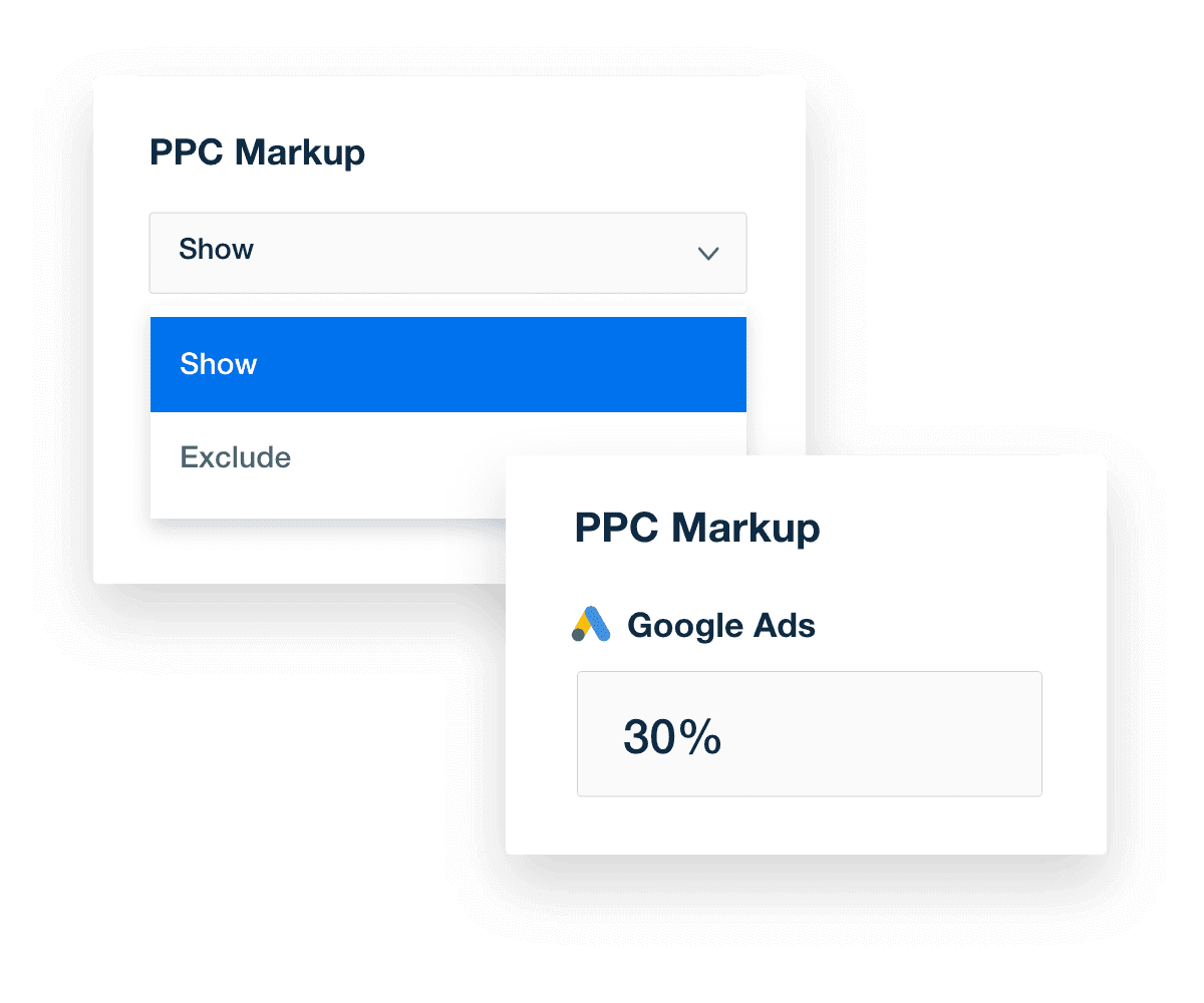 A collage of PPC markup tools in AgencyAnalytics