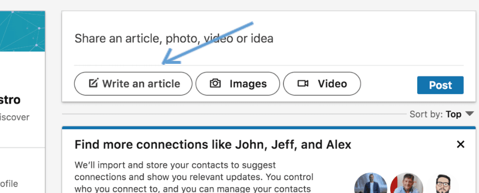 Arrow showing where to write an article on LinkedIn