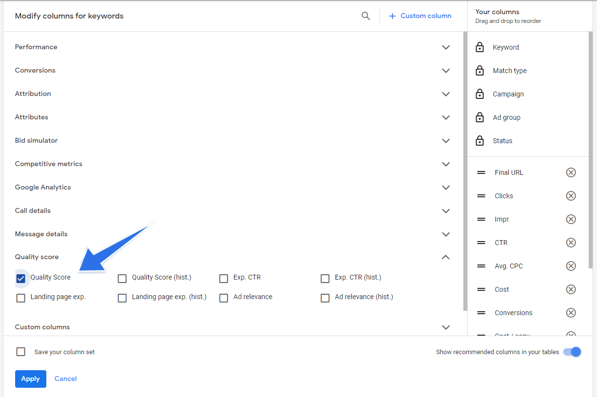 How to Add Google Ads Quality Score Metric Column