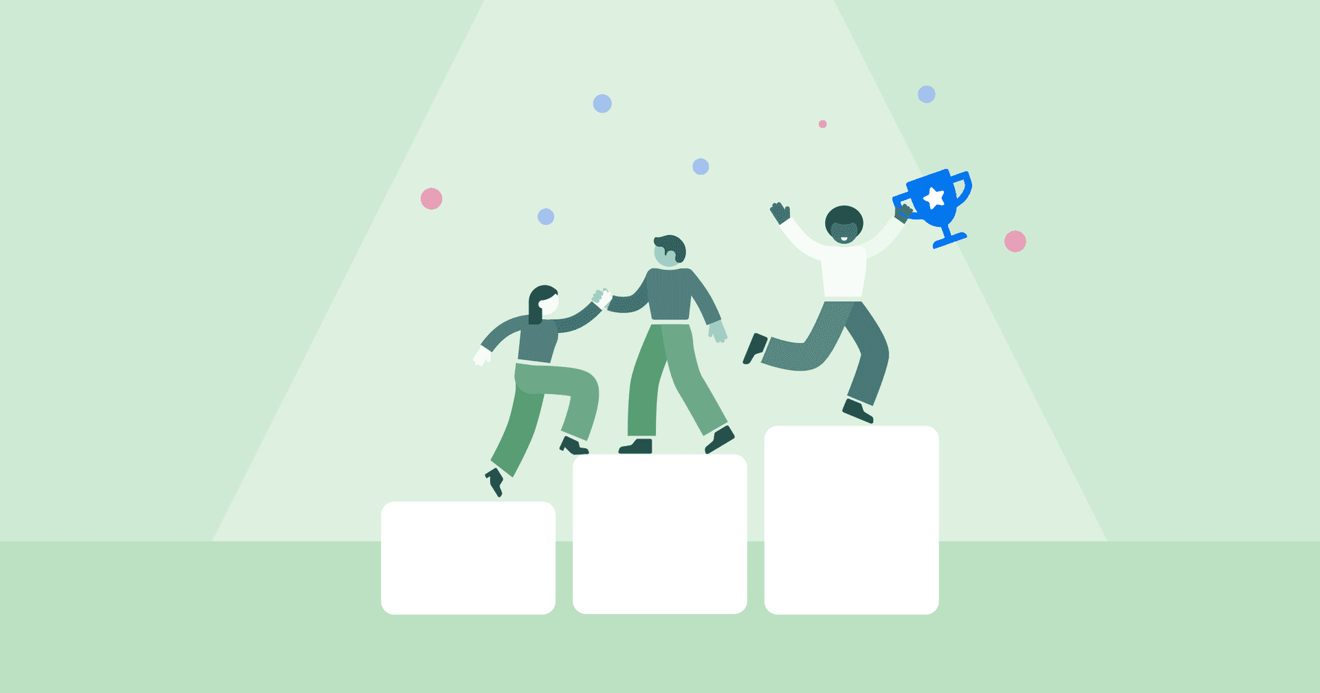 How To Build a Winning Team in Your Agency an image representing a winning team helping each other up on three pedestals and a trophy at the top