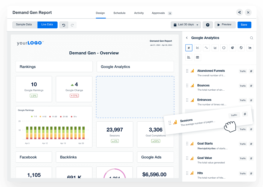 An image showing the Drag and Drop editor being used to create local marketing reports An image showing the Drag and Drop editor being used to create local marketing reports