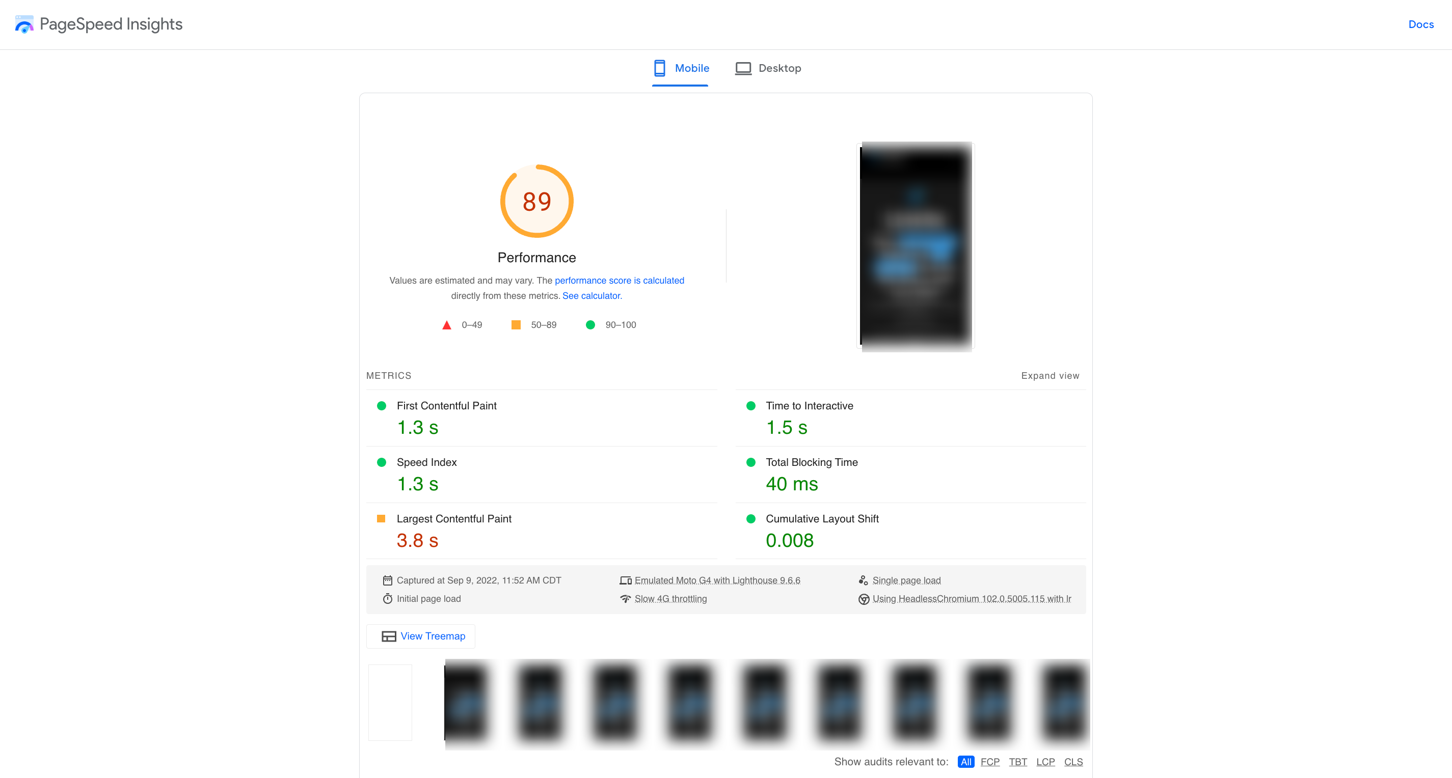 pagespeed insight score