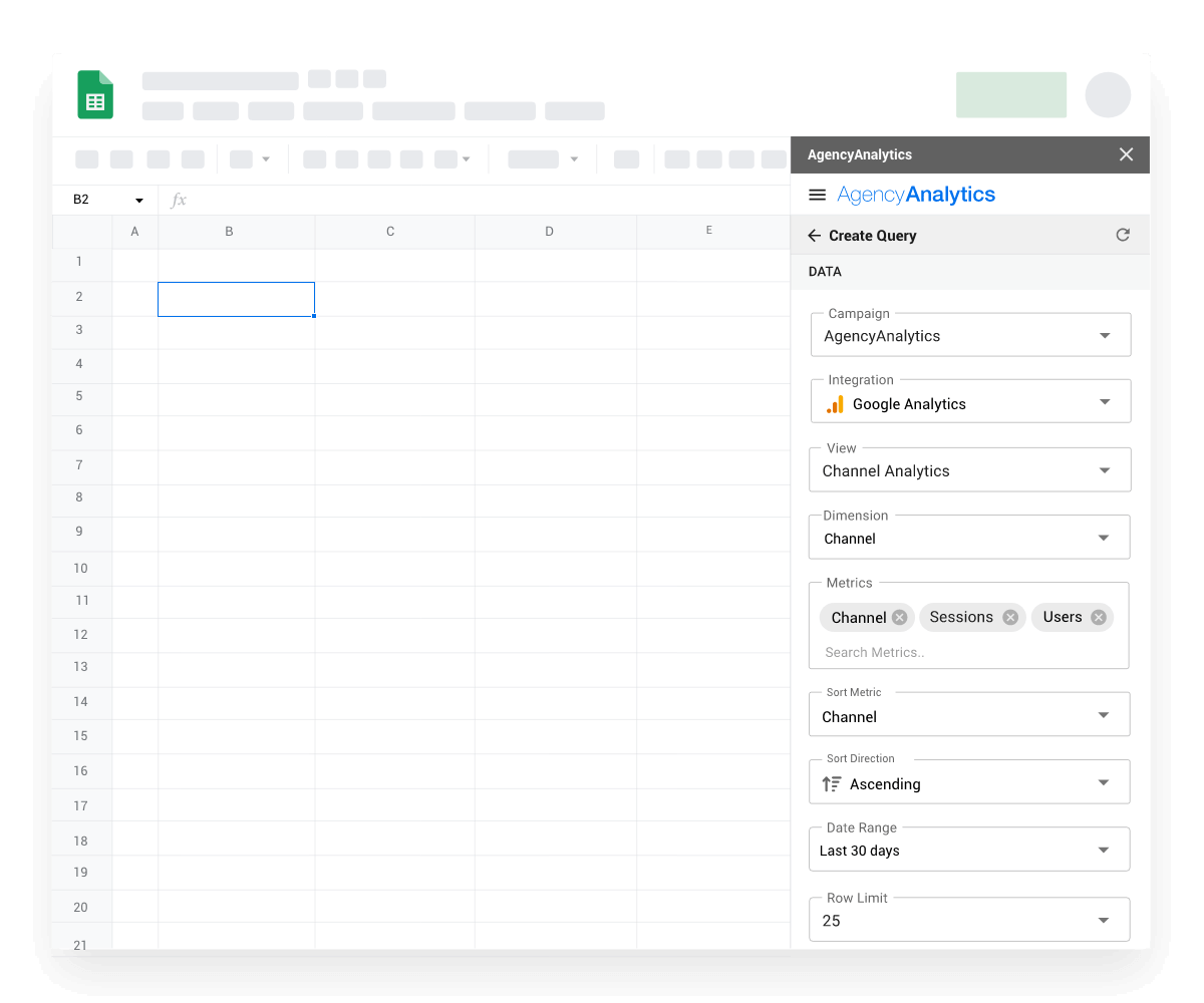 Creating a data query in AgencyAnalytics for Google Sheets example