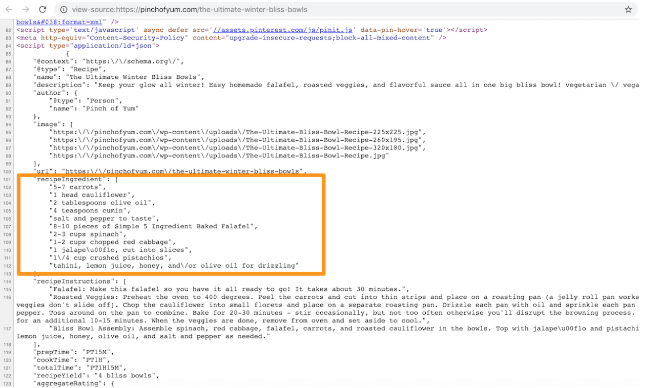 structured data coding showing a recipe schema