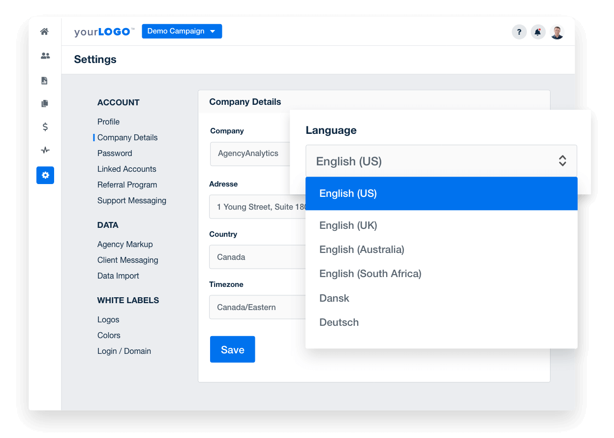 Language Availability In Application Account, Dashboard, and Report Language Options - AgencyAnalytics