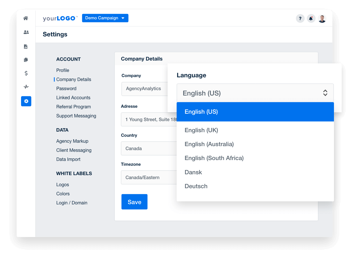 customized language settings for marketing dashboards and reporting software