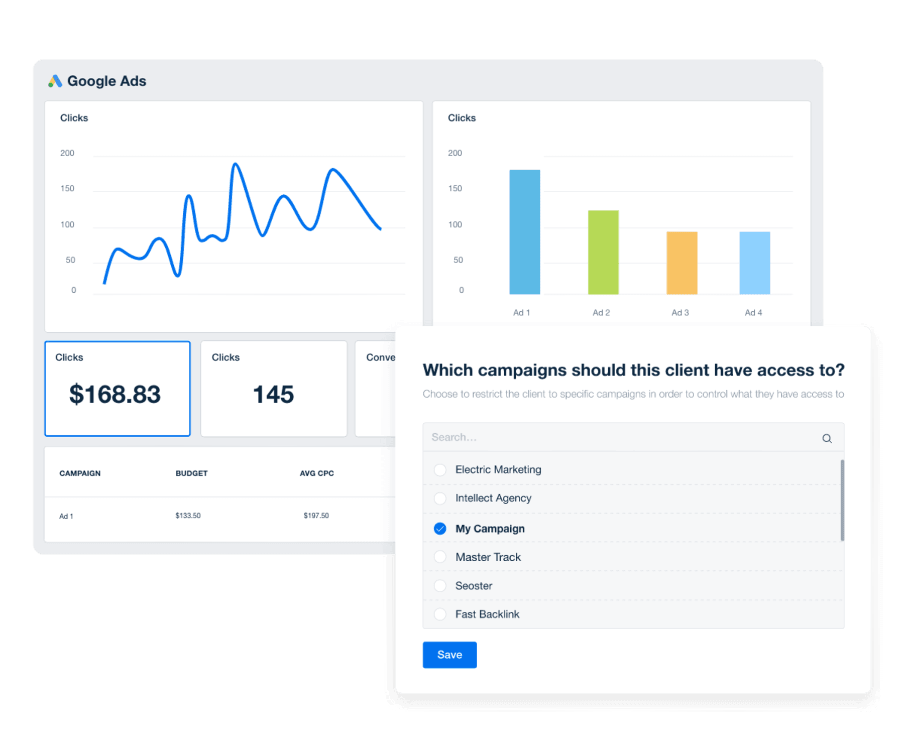 A screenshot of a live PPC dashboard in AgencyAnalytics A screenshot of a live PPC dashboard in AgencyAnalytics