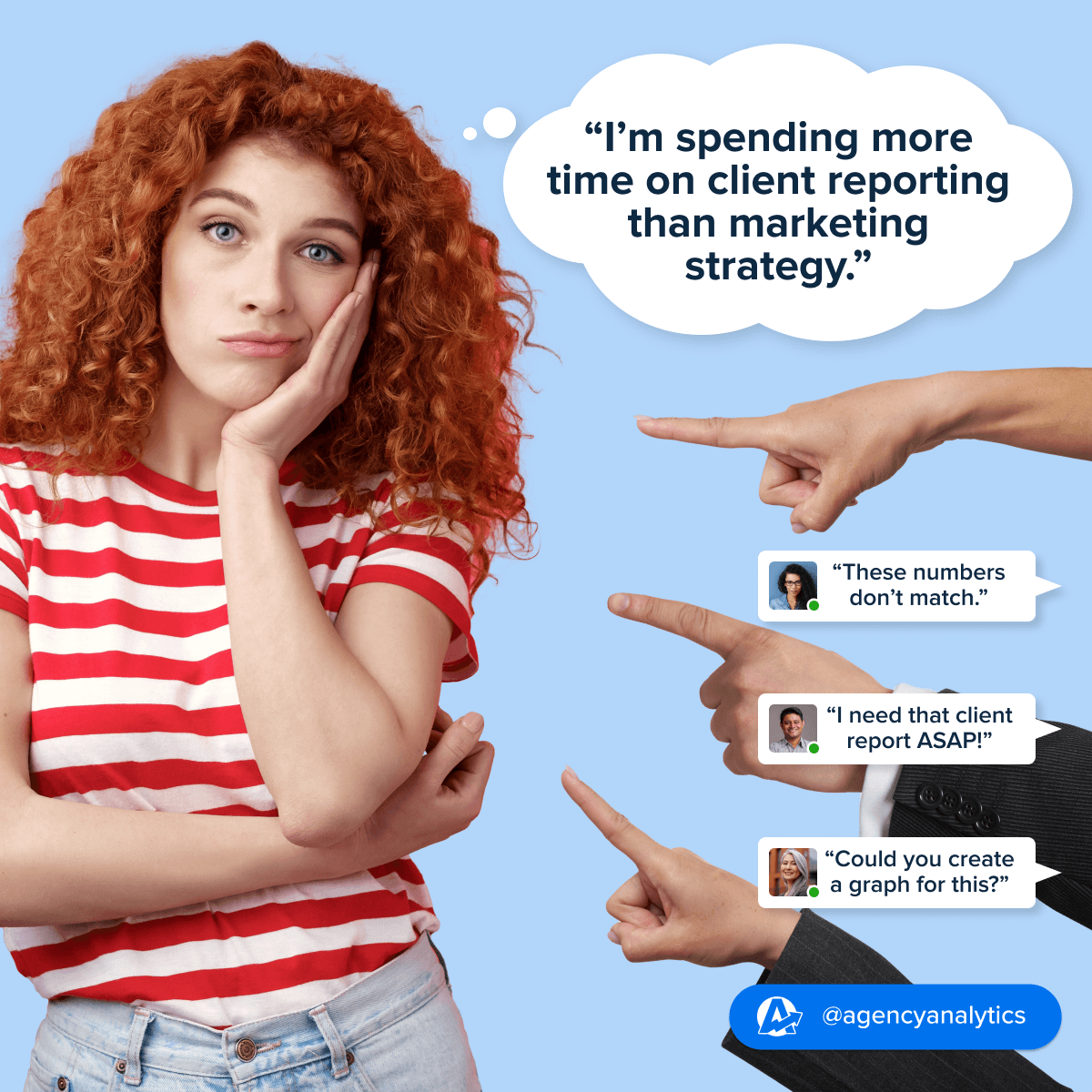 A sample ad showing an image of a frustrated agency reporting without using AgencyAnalytics. A sample ad showing an image of a frustrated agency reporting without using AgencyAnalytics.