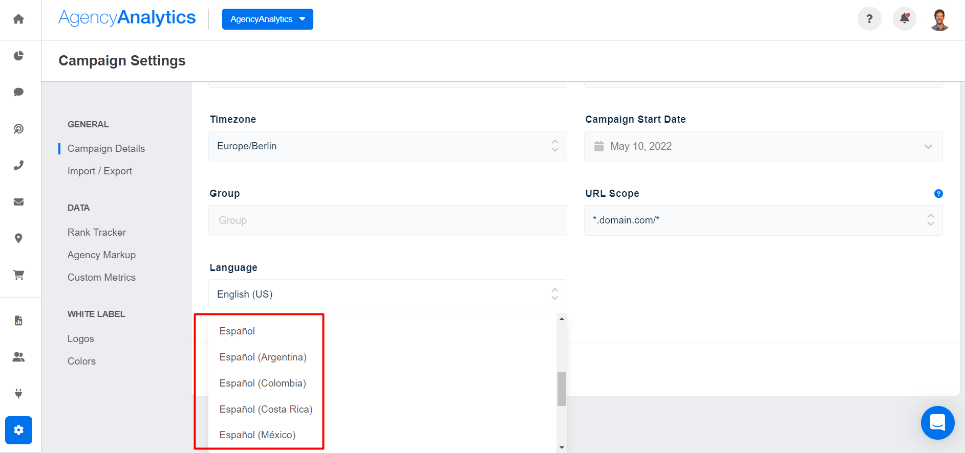 AgencyAnalytics - Spanish Language Settings AgencyAnalytics - Spanish Language Settings