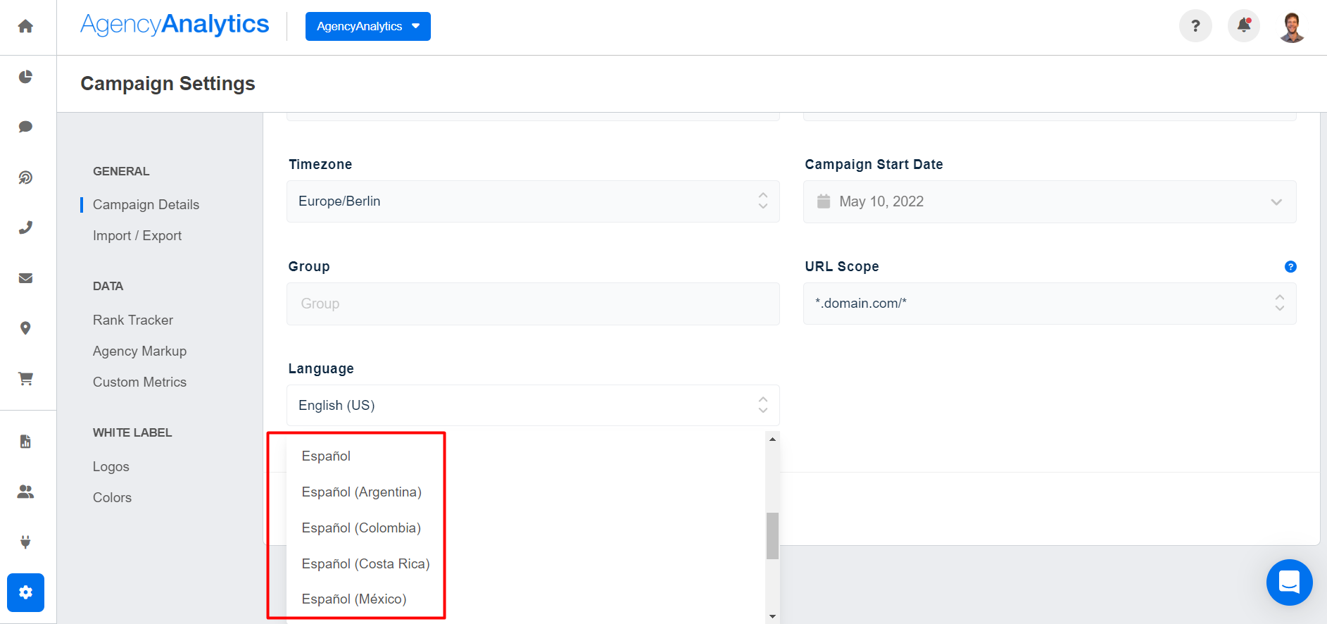 AgencyAnalytics - Spanish Language Settings
