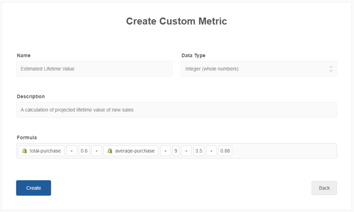 creating a simple custom metric formula using Shopify CLV in AgencyAnalytics