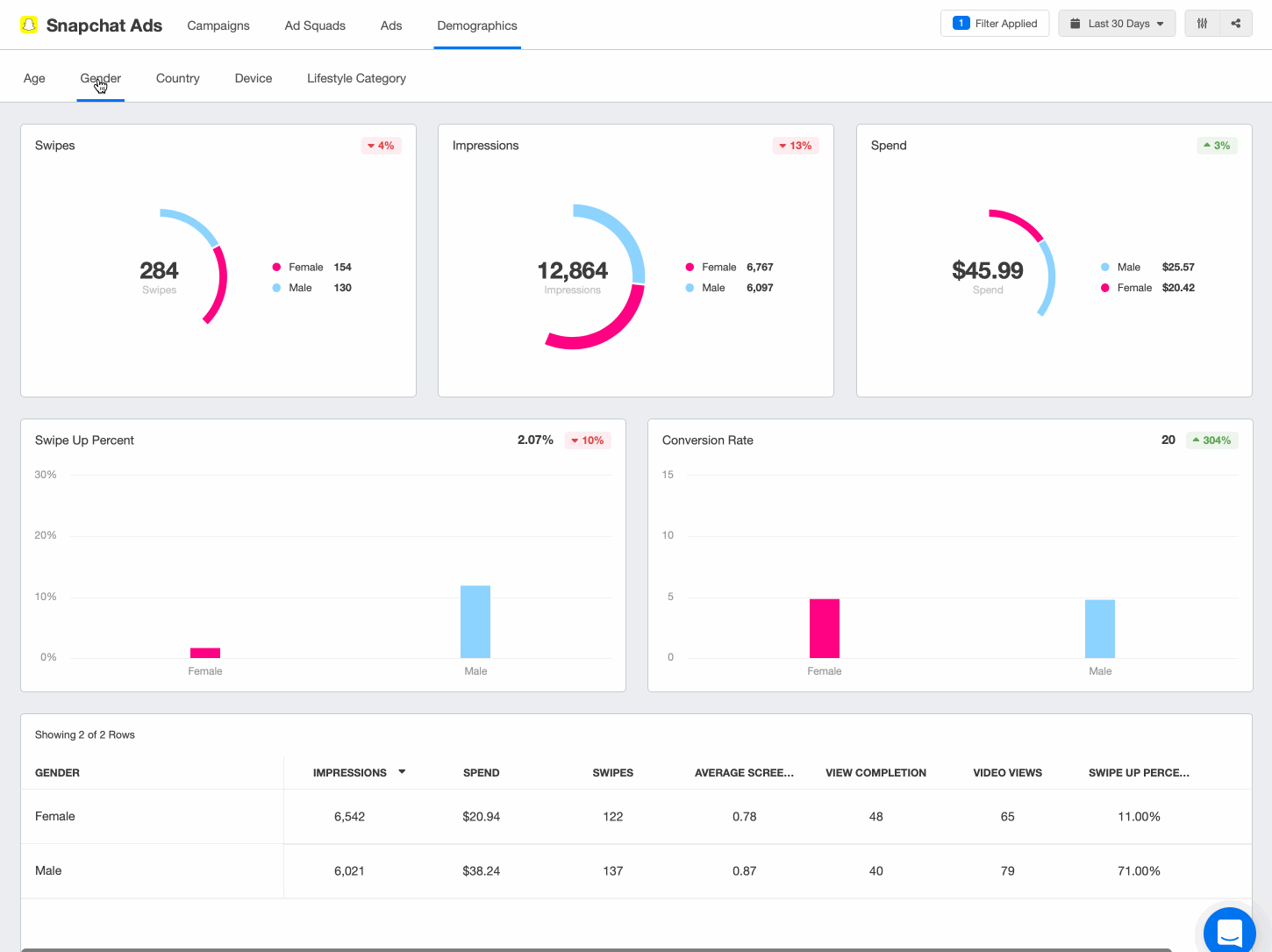 Snapchat metrics showing demographics in a Snapchat ads marketing dashboard Snapchat metrics showing demographics in a Snapchat ads marketing dashboard