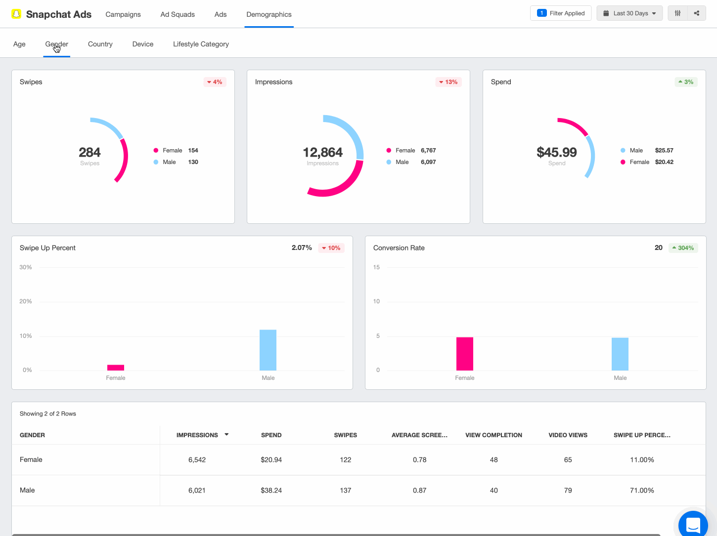 Snapchat metrics showing demographics in a Snapchat ads marketing dashboard 