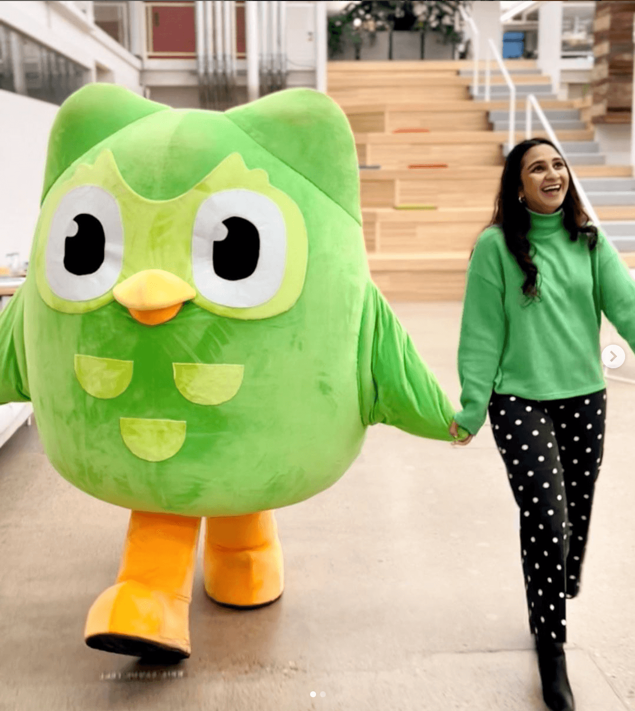 Duolingo mascot costume and Zaria Parvez