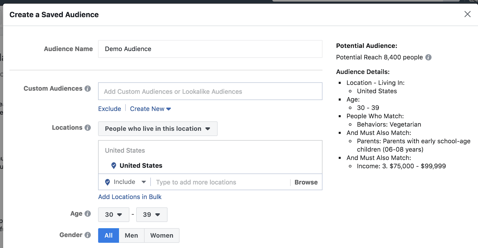 Facebook Ads Audience Targeting Example Facebook Ads Audience Targeting Example