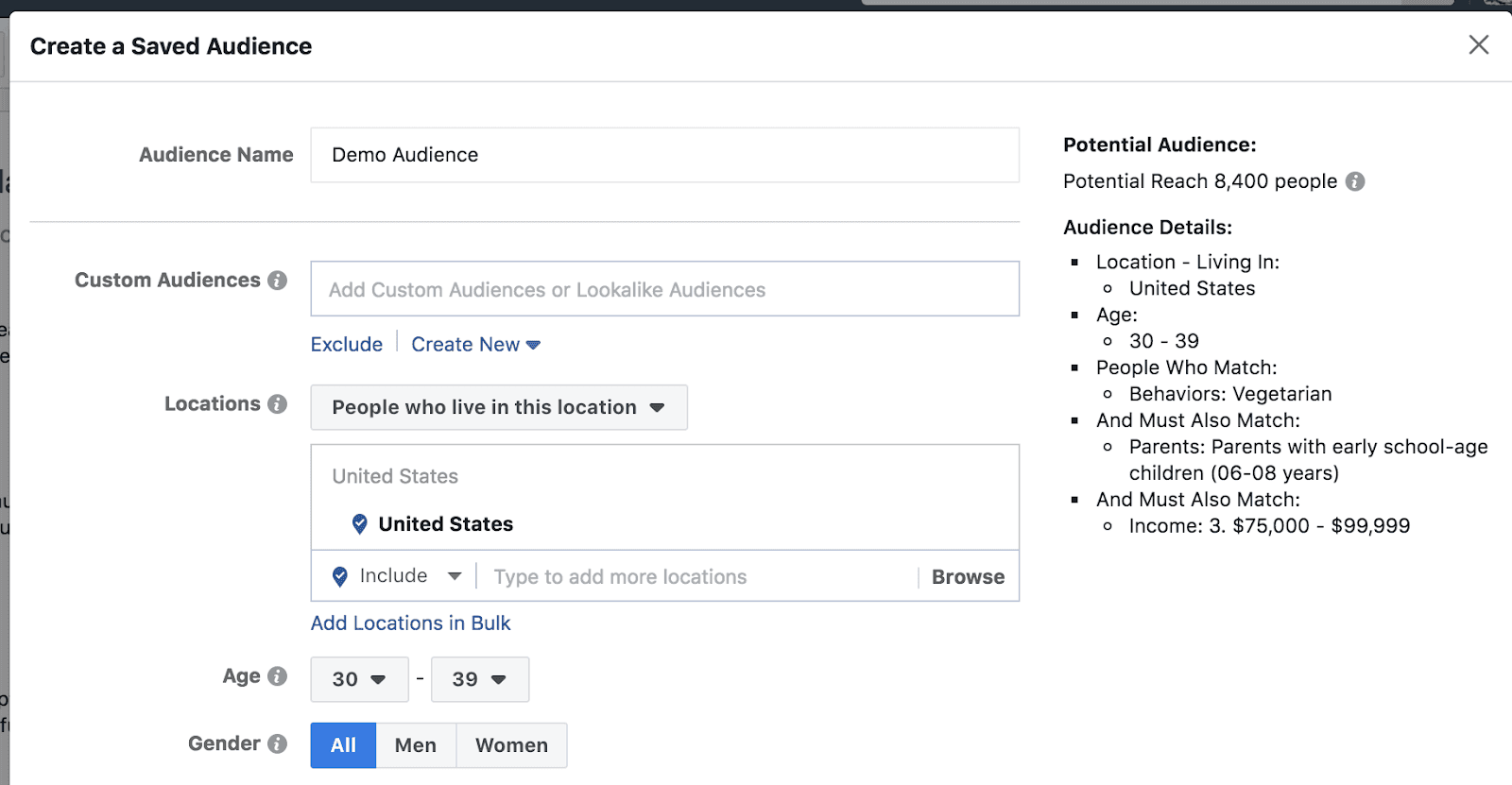 Facebook Ads Audience Targeting Example