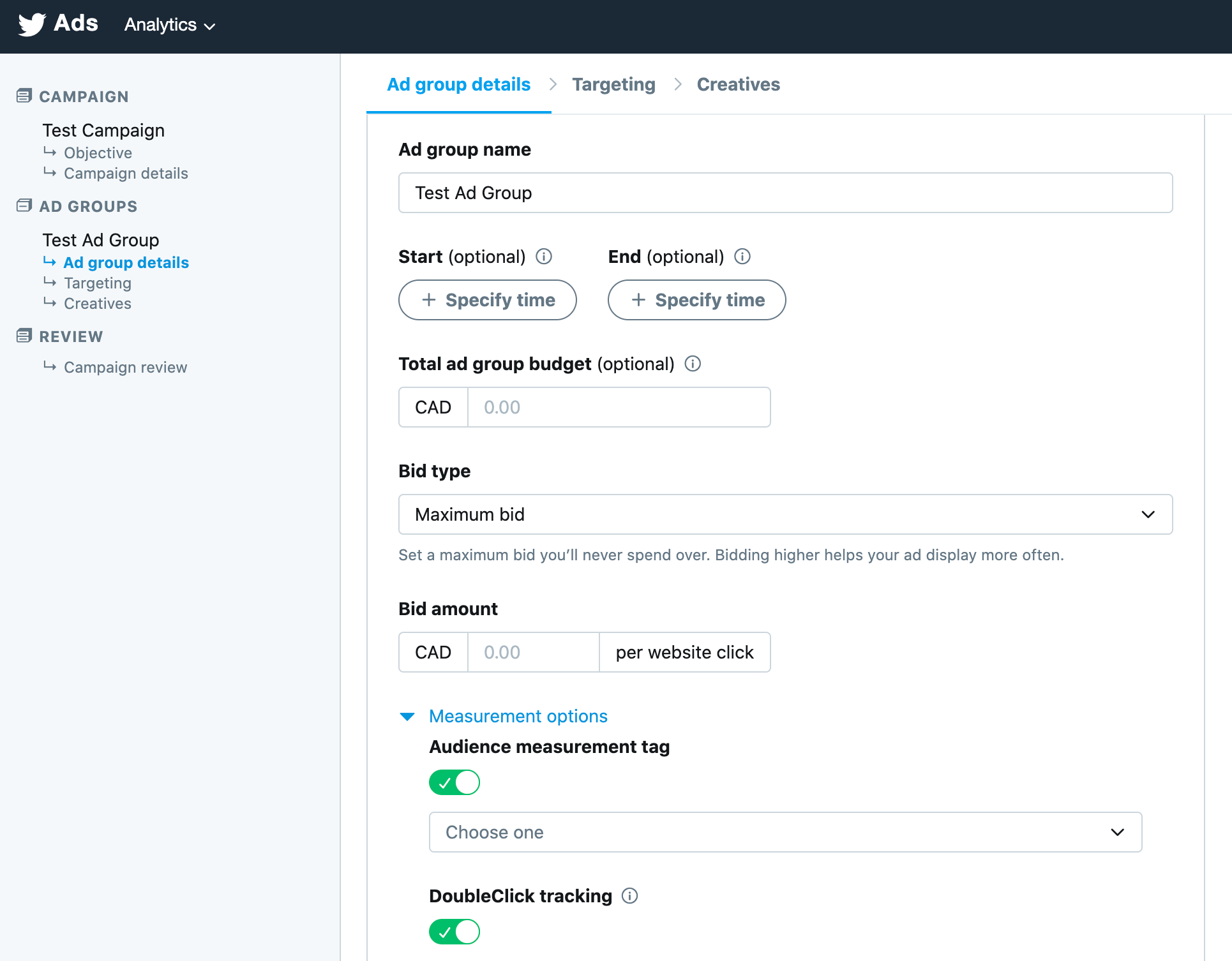 Twitter Ad Groups Screenshot