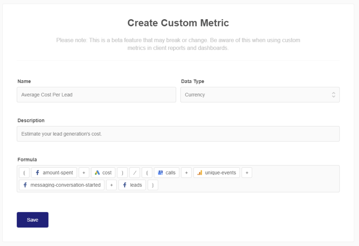 formula calculating average cost per lead in a custom metric