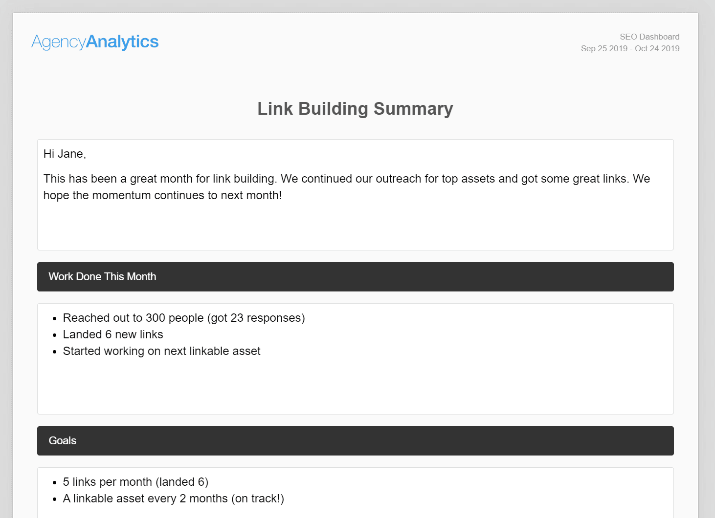 monthly link building summary