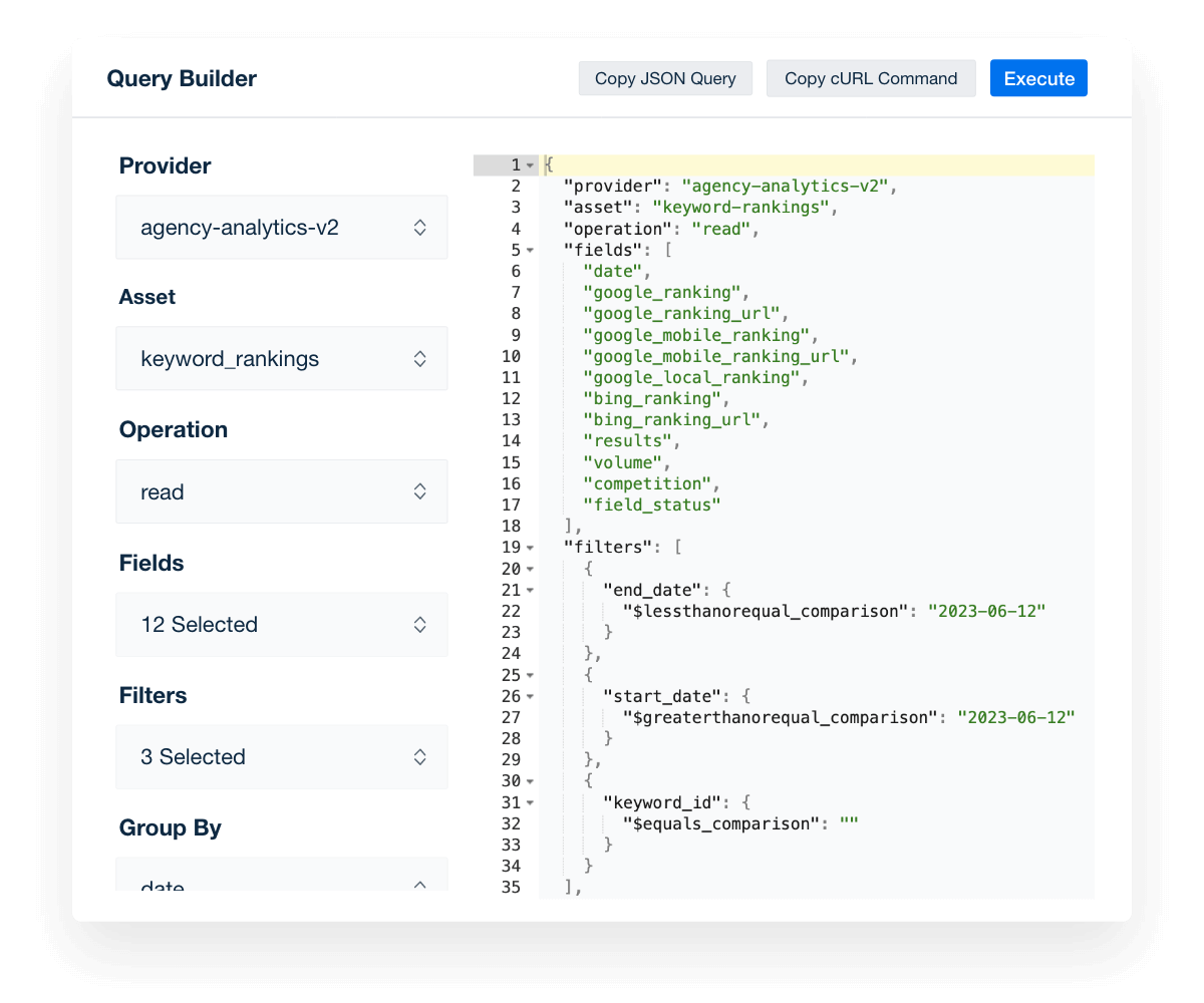 Automate the process of pilling client keyword rankings using AgencyAnalytics' API query builder.