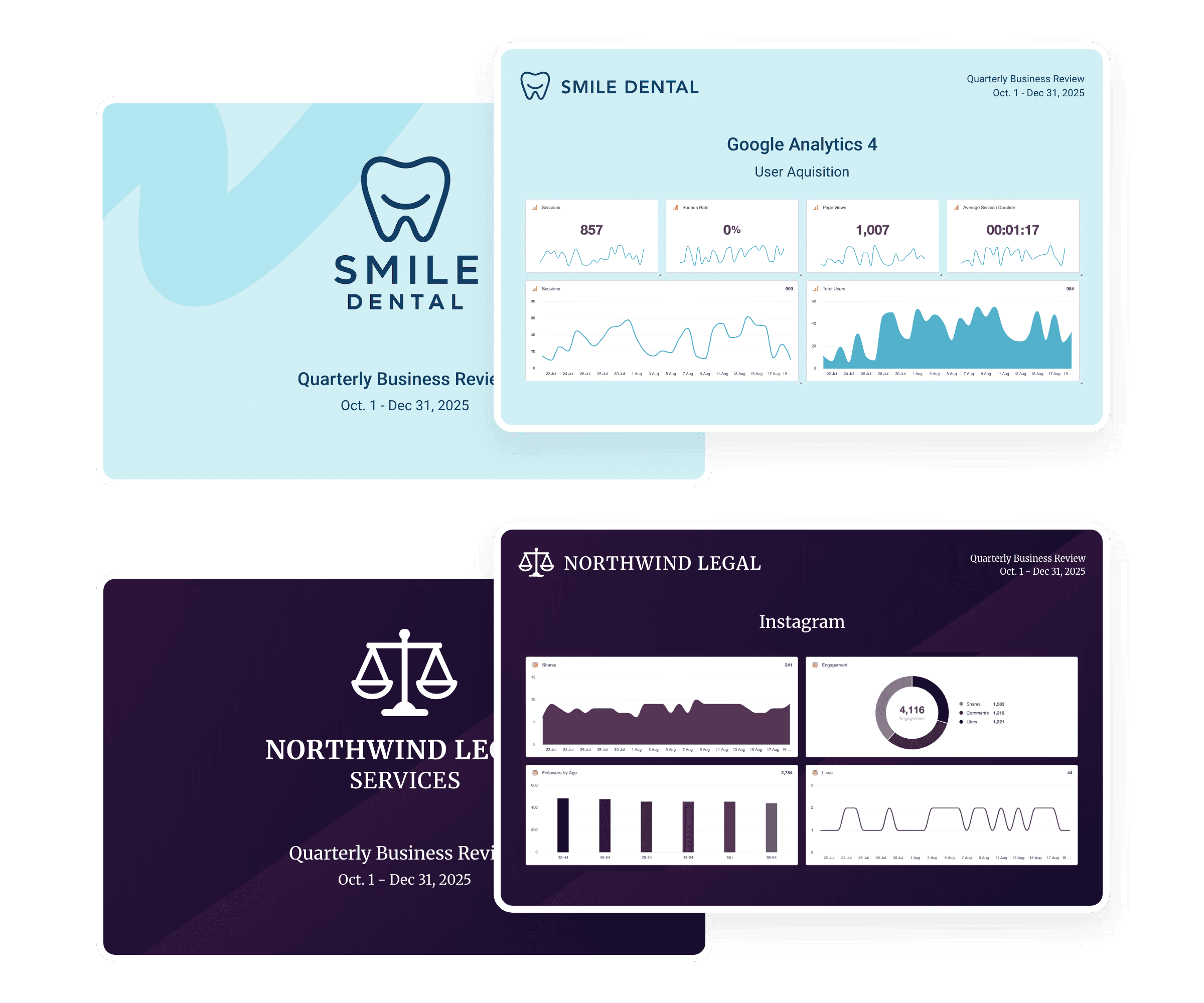 An image showing some of the Quarterly Business Review report styling themes built into AgencyAnalytics An image showing some of the Quarterly Business Review report styling themes built into AgencyAnalytics