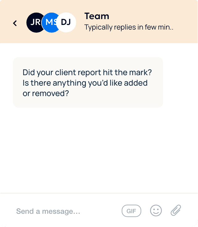 An example showing how to ask for client reporting feedback using integrated chat apps within the AgencyAnalytics platform. An example showing how to ask for client reporting feedback using integrated chat apps within the AgencyAnalytics platform.
