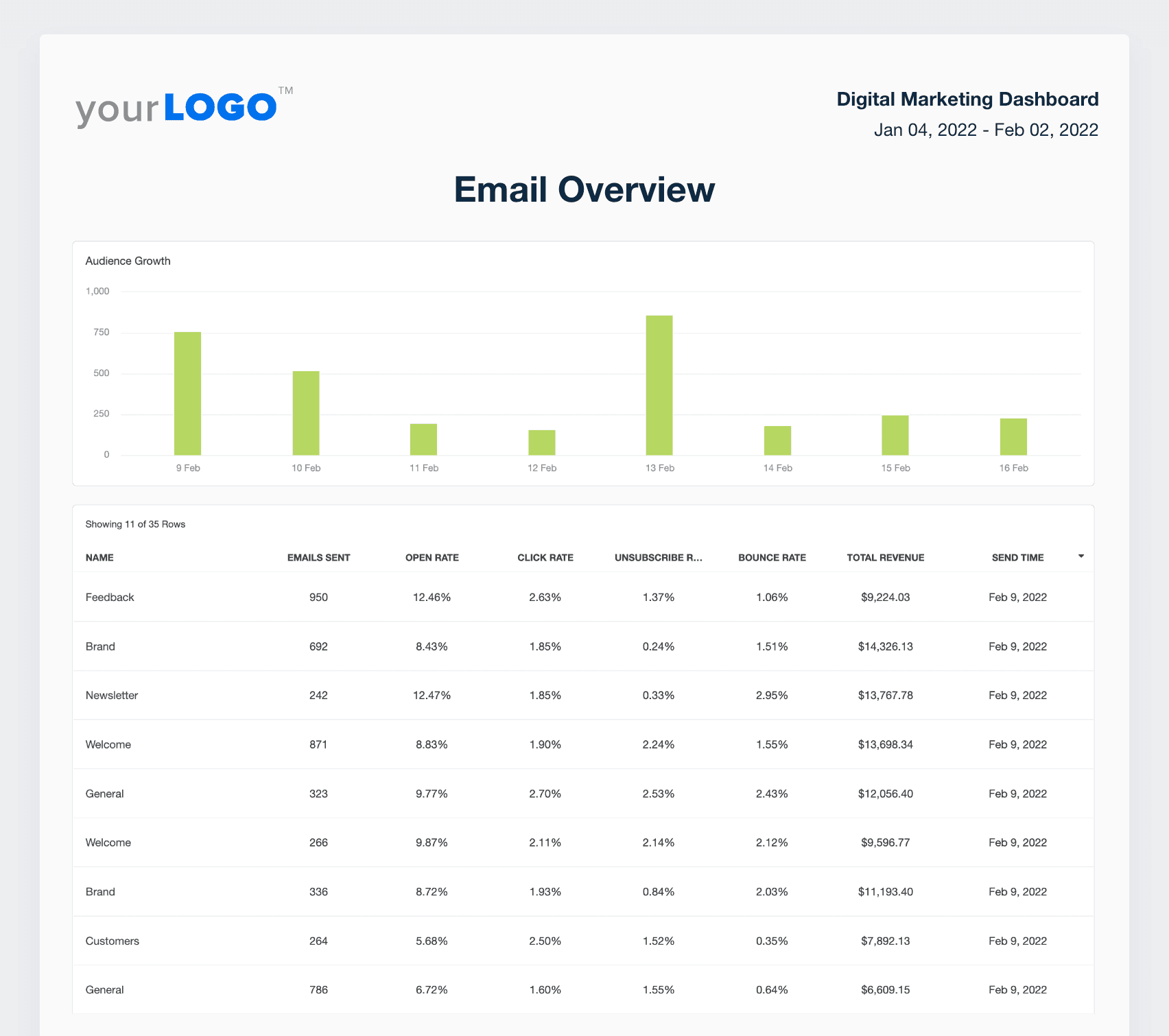 A screenshot of sample Email audience data for the email marketing section of the report template