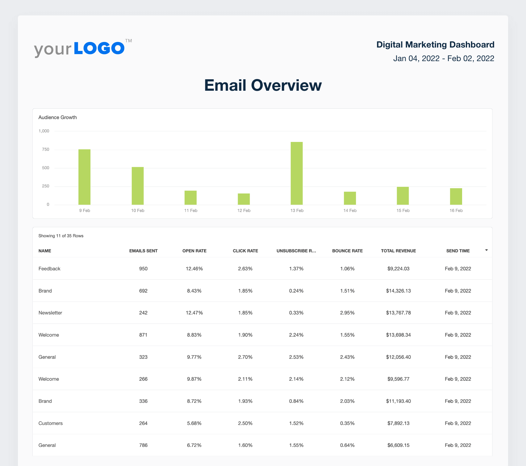 A screenshot of sample Email audience data for the email marketing section of the report template