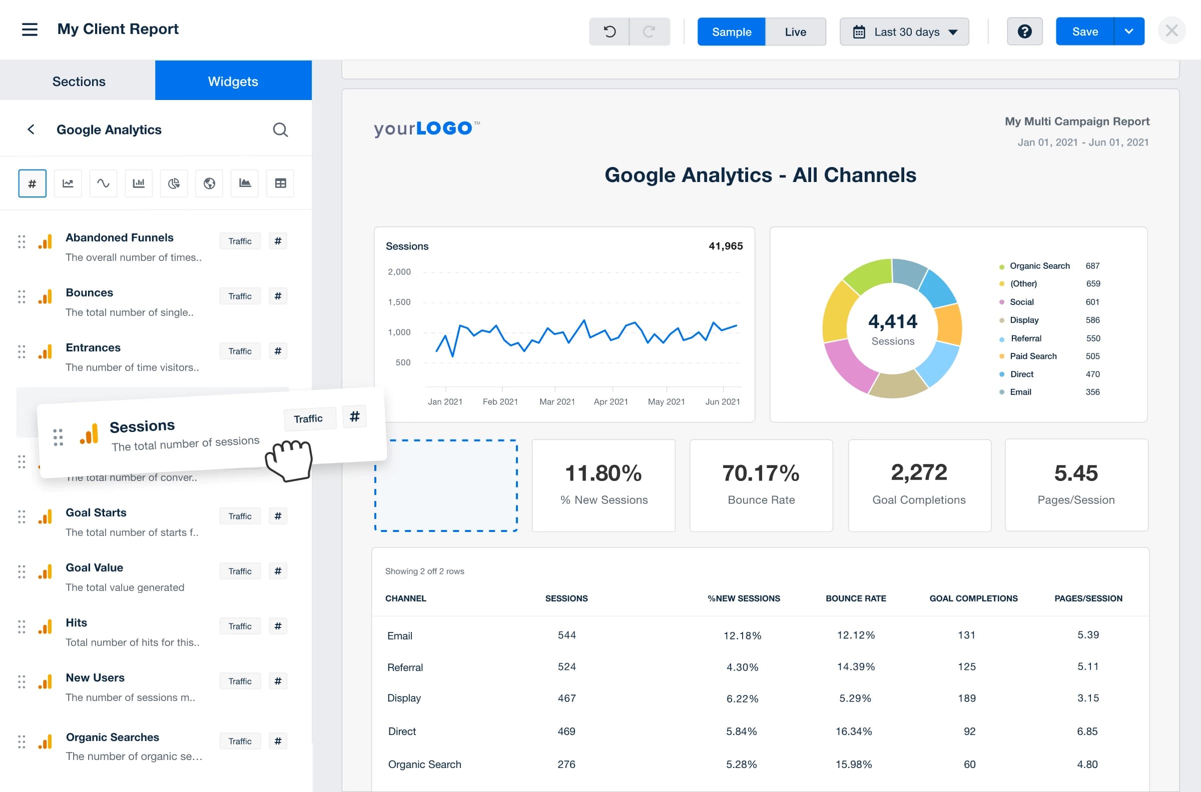 example of a custom dashboard builder featuring the drag and drop function