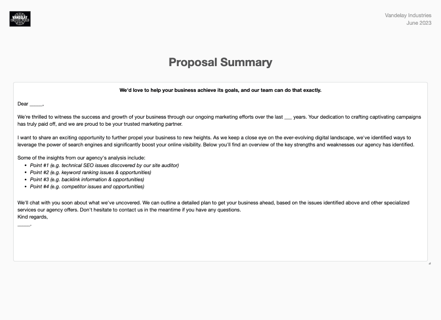 Example of Proposal Summary for technical SEO services